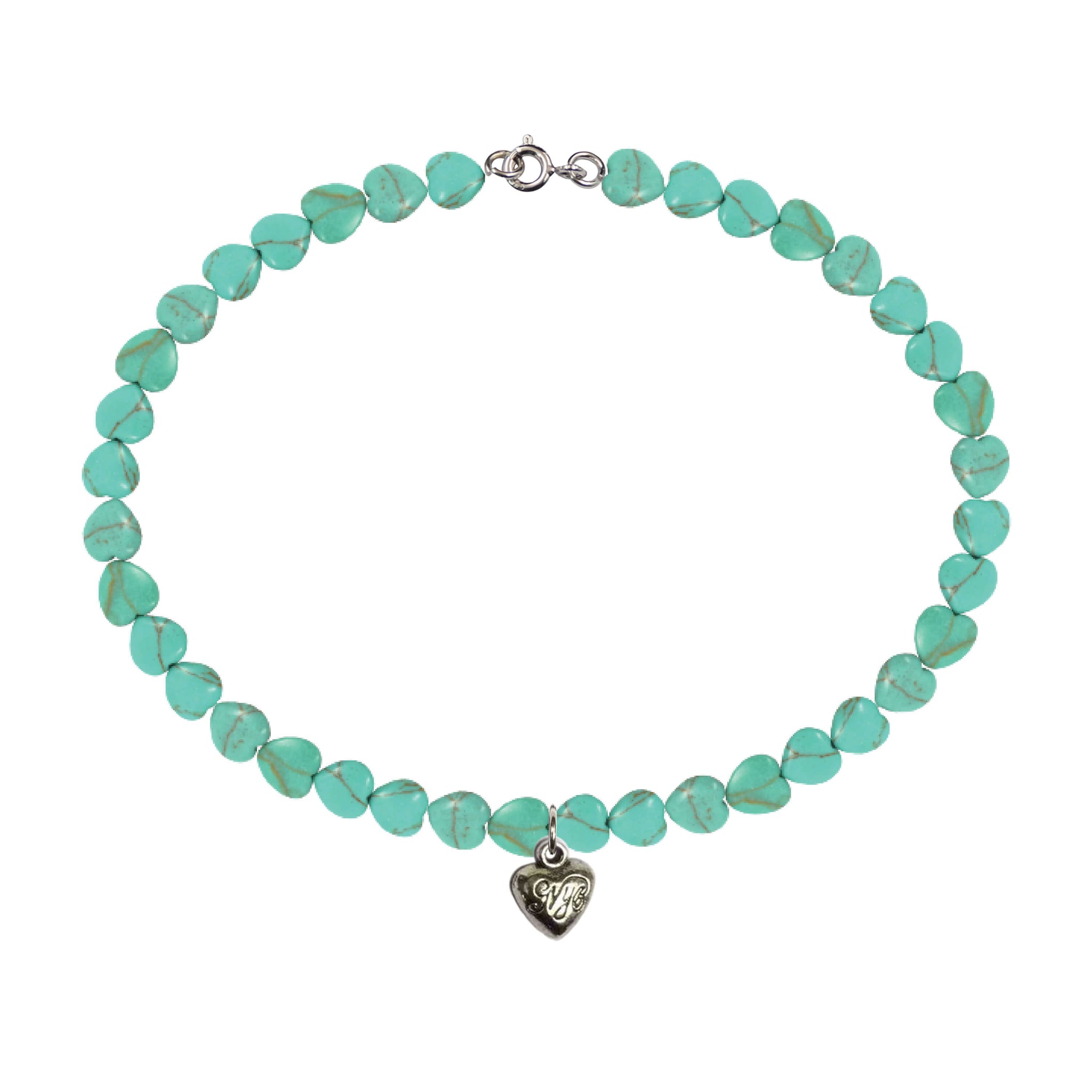 6MM Heart-Shaped Turquoise Magnesite Anklet w/ Heart Charm 9in