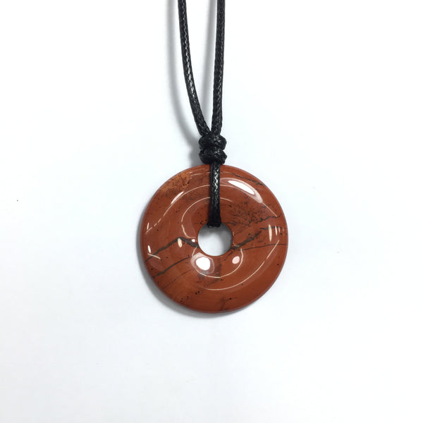 Red Jasper 40x6mm Donut With Cotton Cord Necklace - American Bead Corp