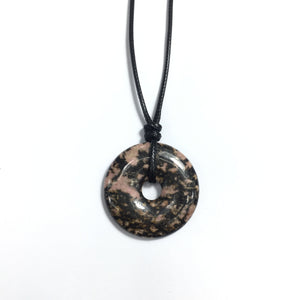 Black Texture Rhodonite 40x6mm Donut With Cotton Cord Necklace