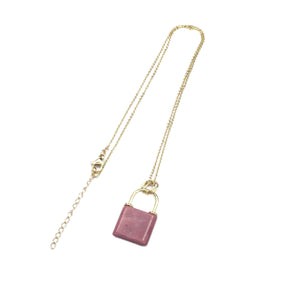 Rhodonite Lock Shape Pendant 18X27mm Gold Copper Necklace