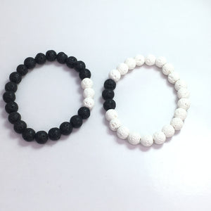 Black Lava And White Lava Round Beads Couple Bracelet 8mm