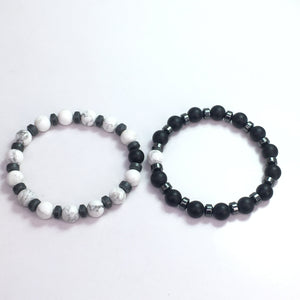 Matte Howlite White And Matte Onyx Round Beads Couple Bracelet 8mm
