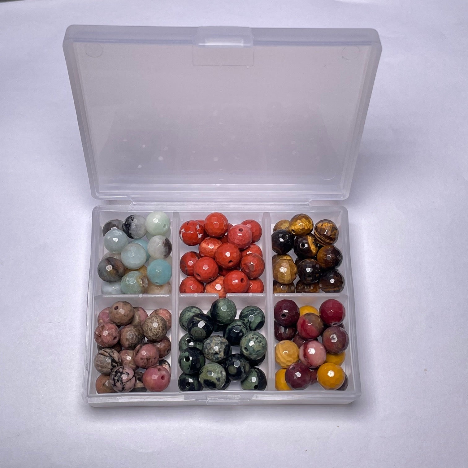 (Black Cloudy Amazonite-Red Jasper-Tiger Eye-Rhodonite-Kambaba Jasper-Moukaite) Faceted Beads 8mm