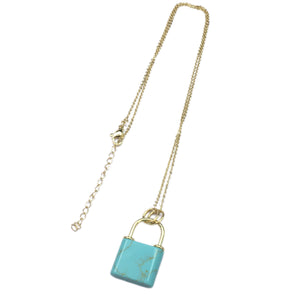 Synthetic Turquoise Lock Shape Pendant 18X27mm Gold Copper Necklace