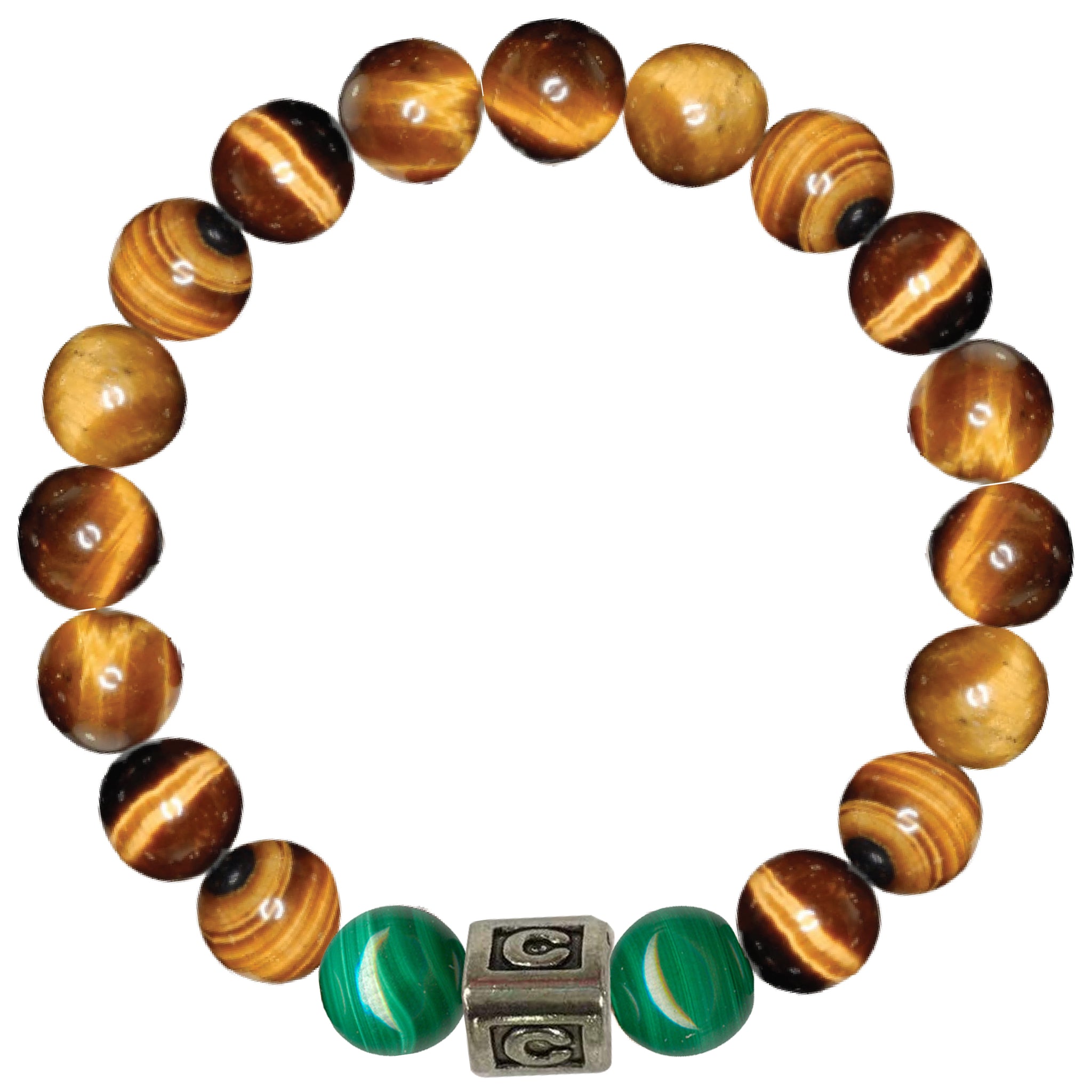 8MM Stretch Tigereye and Malachite Bracelet with Silver Alphabet Charm