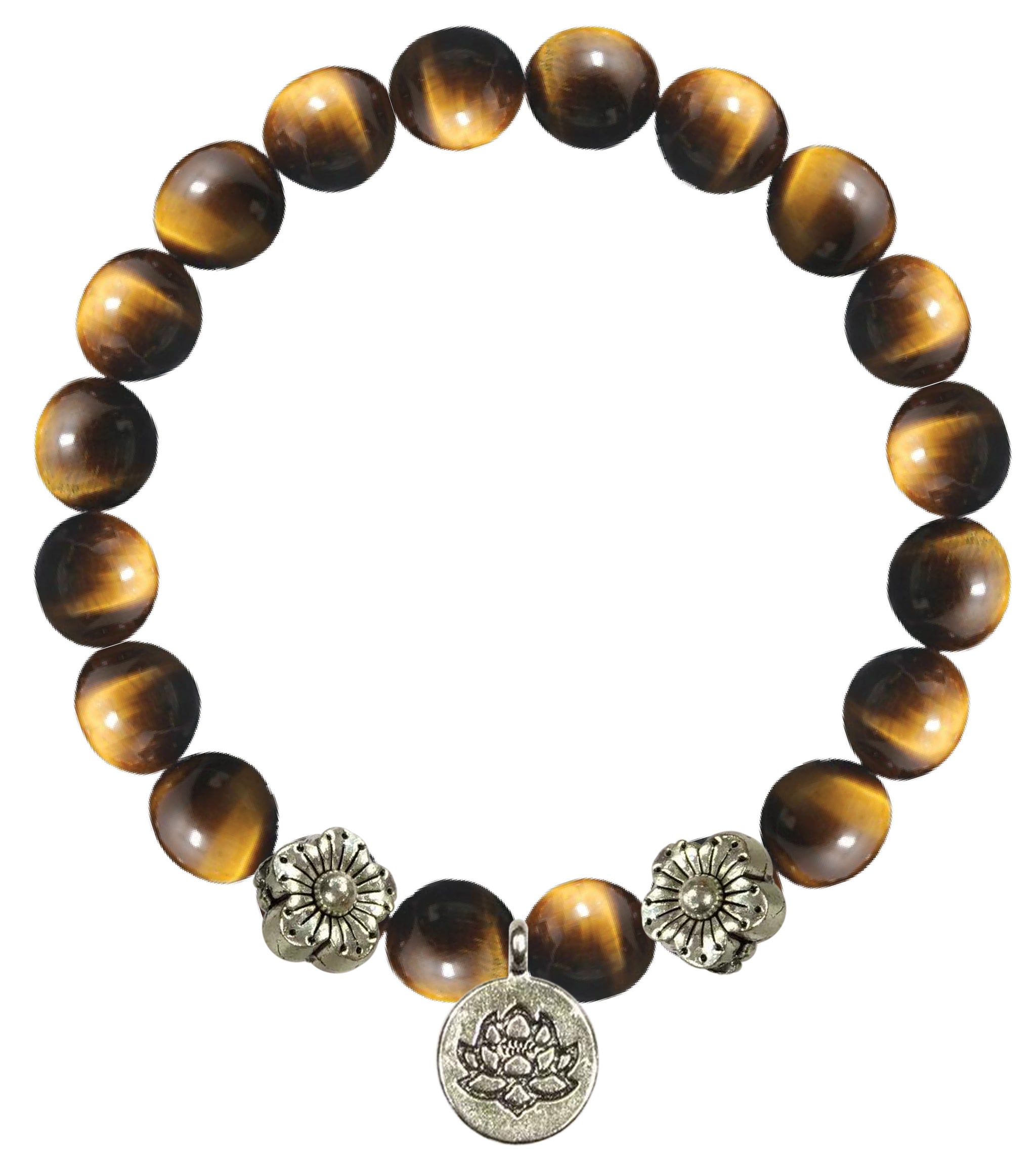 6MM Stretch Tigereye Bracelet with Silver Flower and Lotus Coin Charm