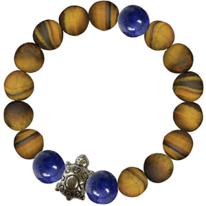 10MM Stretch Tigereye and Lapis Bracelet with Silver Turtle Charm