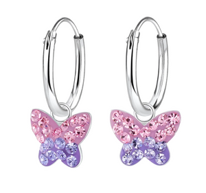 Silver Butterfly Crystal Charm Hoop Earrings