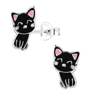 Silver Black Cat Stud Earrings