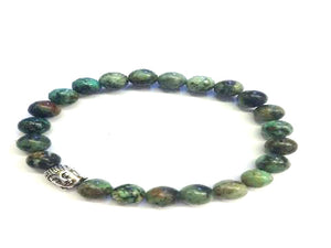African Turquoise Silver Buddha Beaded Bracelet 8Mm