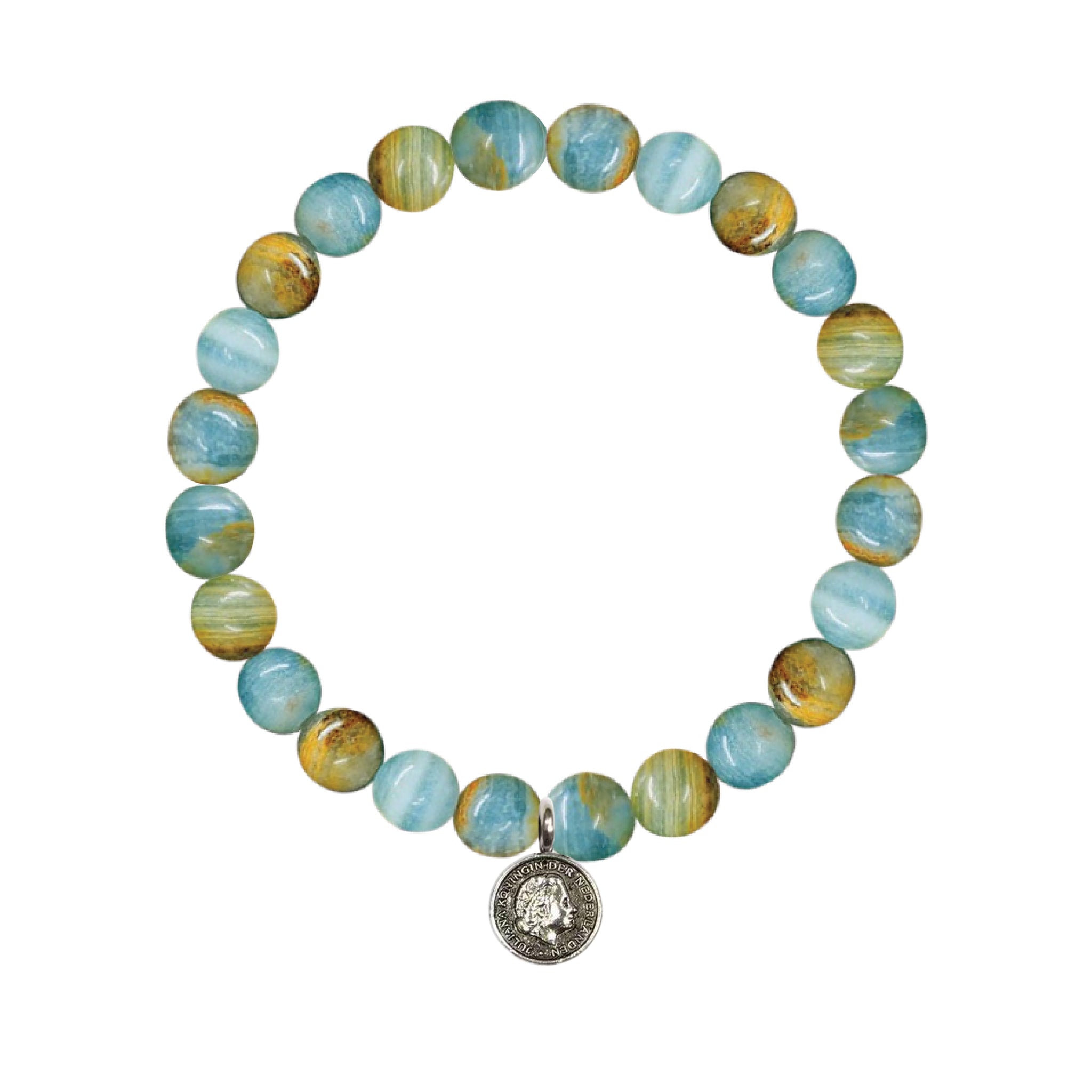 Argentina Aragonite Stretch Bracelet 8MM With Silver Coin Charm