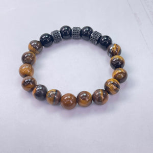 Tiger Eye And Matte Black Glass Round Beads With Metal Accessories Bracelet 10mm