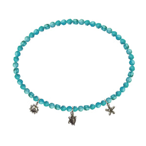 3MM Faceted Turquoise Magnesite Stretch Anklet Multi-Charm 9in