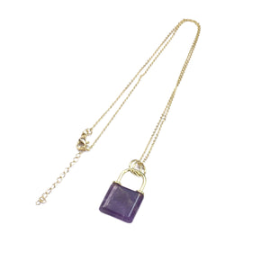 Amethyst Lock Shape Pendant 18X27mm Gold Copper Necklace