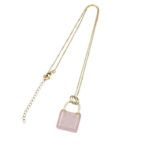 Rose quartz Lock Shape Pendant 18X27mm Gold Copper Necklace