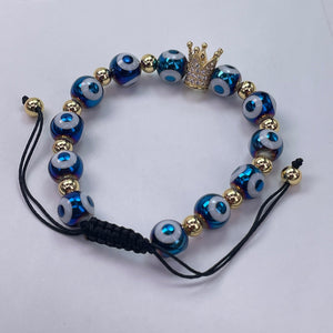 Ceramic Evil Eyes Round Beads With Metal Crown Slide Bracelet 10mm