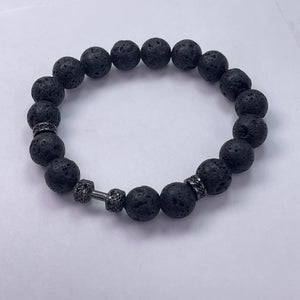 Black Lava Round Beads With Metal Dumb Bell Bracelet 10mm