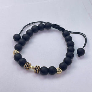 Matte Black Glass Round Beads With Metal Dumb Bell Slide Bracelet 8mm