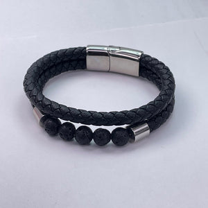 Black Lava And Leather With Metal Accessories Bracelet 8mm