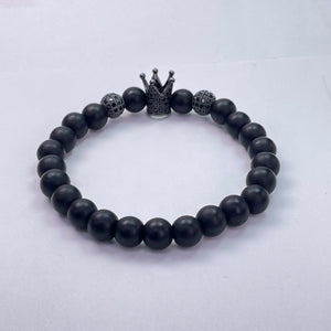 Matte Black Glass Round Beads With Metal Crown Bracelet 8mm