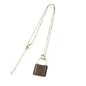 Tiger Eye Lock Shape Pendant 18X27mm Gold Copper Necklace