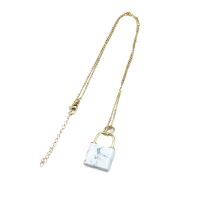 White Howlite Lock Shape Pendant 18X27mm Gold Copper Necklace