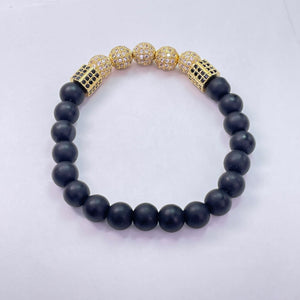 Matte Black Glass Round Beads With Metal Accessories Bracelet 8mm