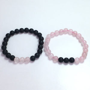 Rose Quartz And Matte Onyx Round Beads Couple Bracelet 8mm
