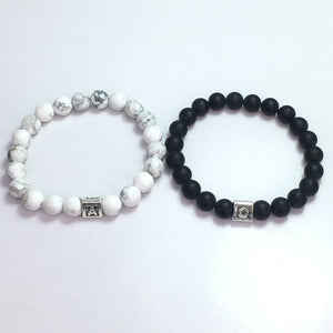 Matte Onyx And Matte Howlite White Round Beads Couple Bracelet 8mm