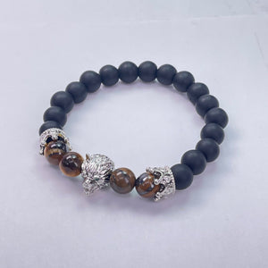 Matte Black Glass And Tiger Eye Round Beads With Metal Accessories Bracelet 8mm