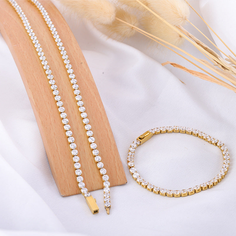 Gold + White Zirconium Bracelet 19CM - Cross-border hot sale European and American street hip-hop 4mm tennis necklace bracelet tennis bracelet titanium steel tennis chain