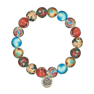 Impression Jasper Red and Blue Stretch Bracelet 8MM With Silver Lotus Coin Charm