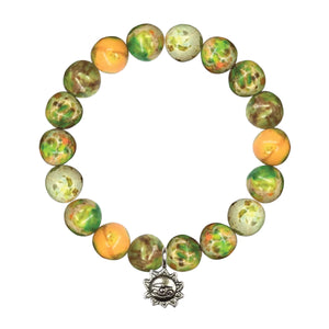 Impression Jasper Yellow and Green Stretch Bracelet 8MM With Silver Sun Charm