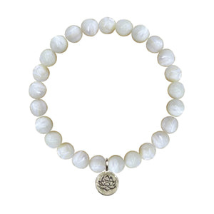 MOP Bleached Round Bracelet 8MM With Silver Lily Coin Charm
