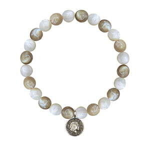 MOP Mixed Bleached and Natural Bracelet 8MM With Silver Coin Charm