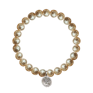 Shell Pearl Beige Round Bracelet 8MM With Silver Evil Eye Coin Charm