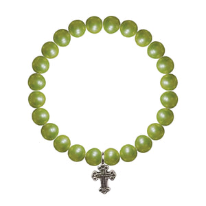 Shell Pearl Apple Green Round Bracelet 8MM With Silver Cross Charm