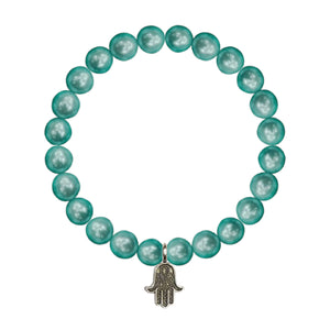 Shell Pearl Sky Blue Round Bracelet 8MM With Silver Hamsa Hand Charm