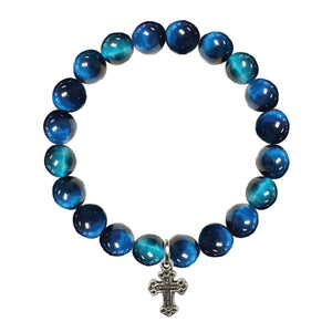 Men's Bracelet Heat Coloring Tiger Eye Blue Round Beads 10mm