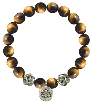 6MM Stretch Tigereye Bracelet with Silver Flower and Lotus Coin Charm