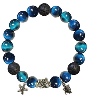 8MM Heat Coloring Tiger Eye Blue Round Beads Bracelet with Lava Stone and Assorted Silver Charms