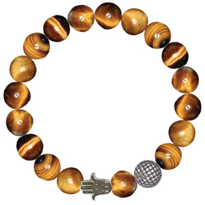 8MM Tigereye Stretch Bracelet with Silver Hamsa Hand and Shamballa Round Bead