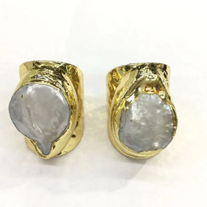 Fresh water pearl puff coin shape Gold Ring  15-17mm